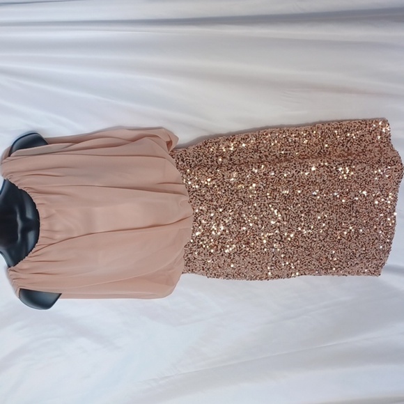 Suzi Chin for Maggy Boutique Champagne With Rast Gold Sequin Knee Length Dress - Picture 1 of 8